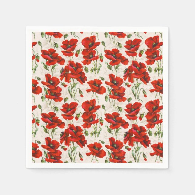Vintage röd vallmo blomster mönster botanisk konst pappersservett (Framsidan)