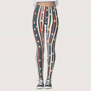 Vintage Röd, vit och blå Rand med stjärnor (2) Leggings