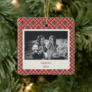 Vintage Röda blåa julfoto Julgransprydnad Keramik