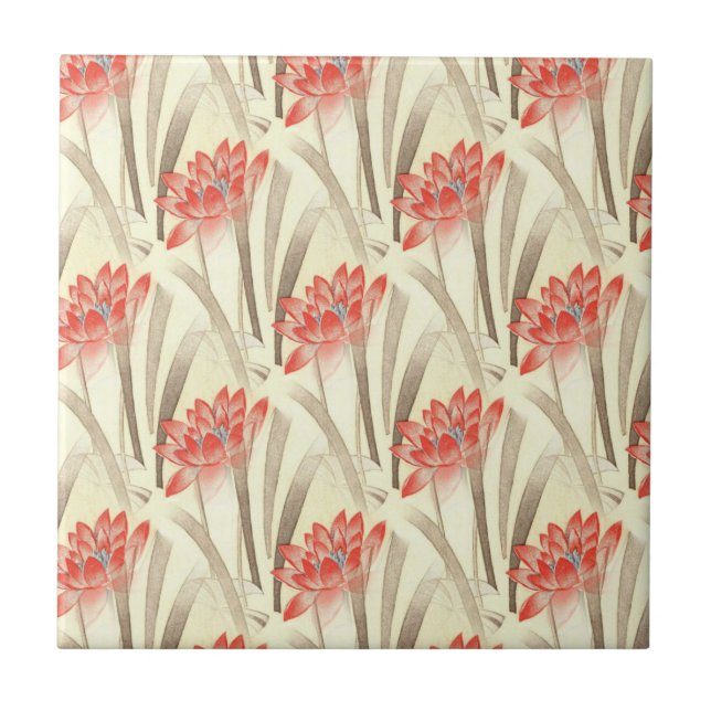 Vintage röda blommor på beige mönster kakelplatta (Framsidan)
