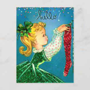 Vintage röda julstrumpor glitter flicka monogram vykort