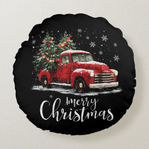 Vintage röda lastbilar SantaTree God Jul Roligt Rund Kudde