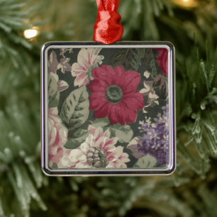 Vintage röda rosa blå vita blommor målning julgransprydnad metall
