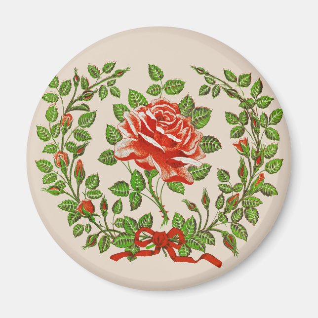 Vintage röda rosbuketter Blommig hälsningskonst Magnet (Framsidan)