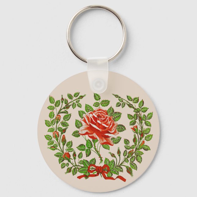 Vintage röda rosbuketter Blommig hälsningskonst Nyckelring (Framsida)