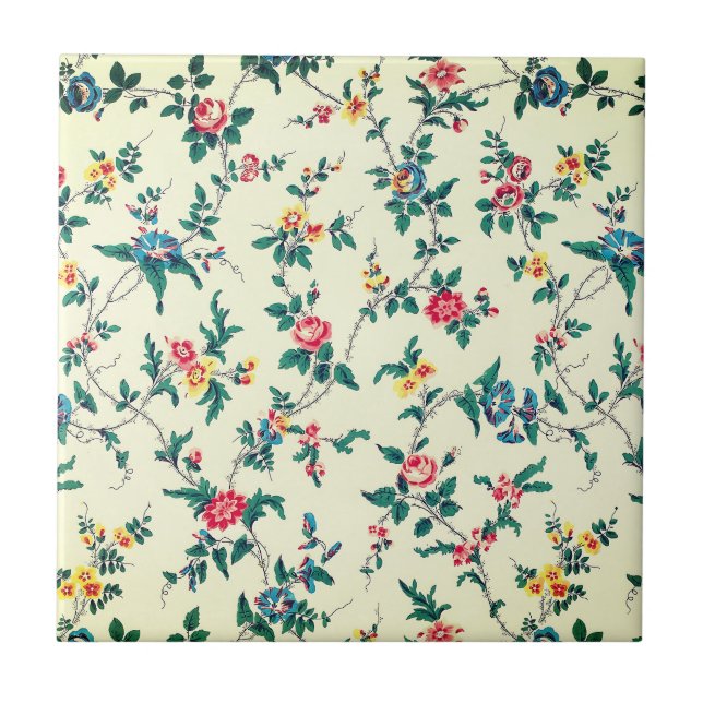 Vintage röda rosor blå blommönster kakelplatta (Framsidan)