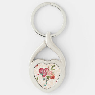 Vintage röda rosor & nyckel till min hjärta Alla h Twisted Heart Silverfärgad Nyckelring