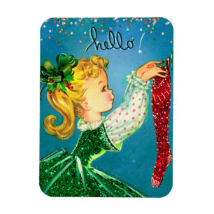 Vintage-röda strumpor glitter-flicka magnet