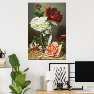 Vintage röda vita rosa rosor i glasvas konst poster