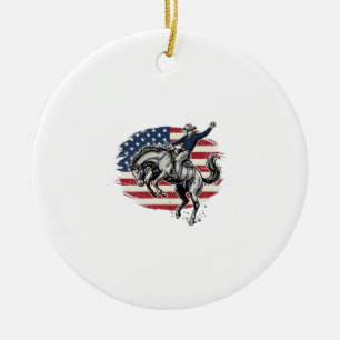 Vintage Rodeo Cowboy Patriotisk Häst Ryttare Vecto Julgransprydnad Keramik