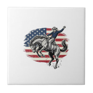 Vintage Rodeo Cowboy Patriotisk Häst Ryttare Vecto Kakelplatta