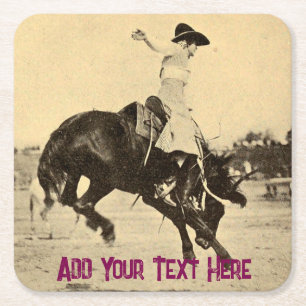 Vintage Rodeo Cowgirl på Bucking Photo Underlägg Papper Kvadrat