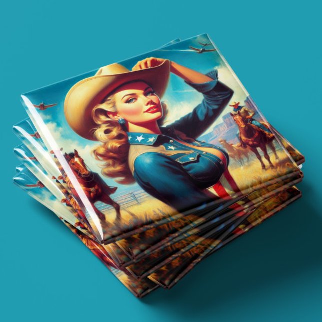 Vintage Rodeo Pinup-kvinna Magnet (Skapare uppladdad)