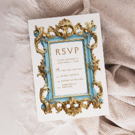 Vintage Rokoko Blå Guld Ram Bröllop RSVP Tilläggskort