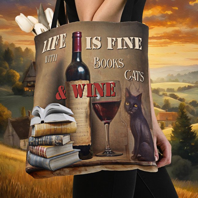 Vintage Roligt Bokar Cats Vin Tygkasse (Tote bag featuring a vintage art cute kitty eyeing a glass of wine. A funny books, cats and wine bag)
