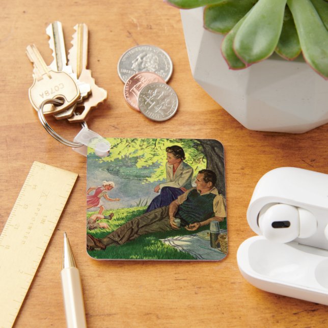 Vintage Roligt-familjbild under Skugga Träd Nyckelring (Skrivbord)