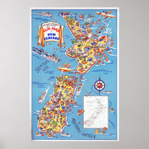 Vintage Roligt Karta Nya Zeeland Poster