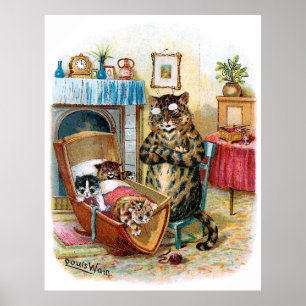 Vintage - roligt katt och kattungar i vaggan poster