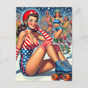 Vintage Roller Girl Illustration Vykort