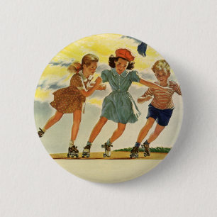 Vintage Roller Skating Roligt Children Boys and Gi Knapp