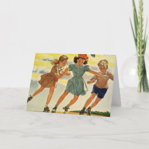 Vintage Roller Skating Roligt Children Boys and Gi Kort