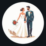 Vintage Romance Wedding Stickers Runt Klistermärke<br><div class="desc">Elegant illustration of a bride and groom holding hands,  perfect for wedding-themed decorations and messages.</div>