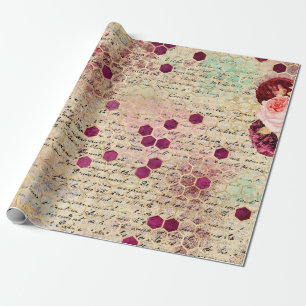 Vintage Romantic Bee Blommigt Burgundy Guld Presentpapper