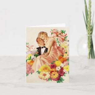 Vintage Romantic Couple och Flowers Kort