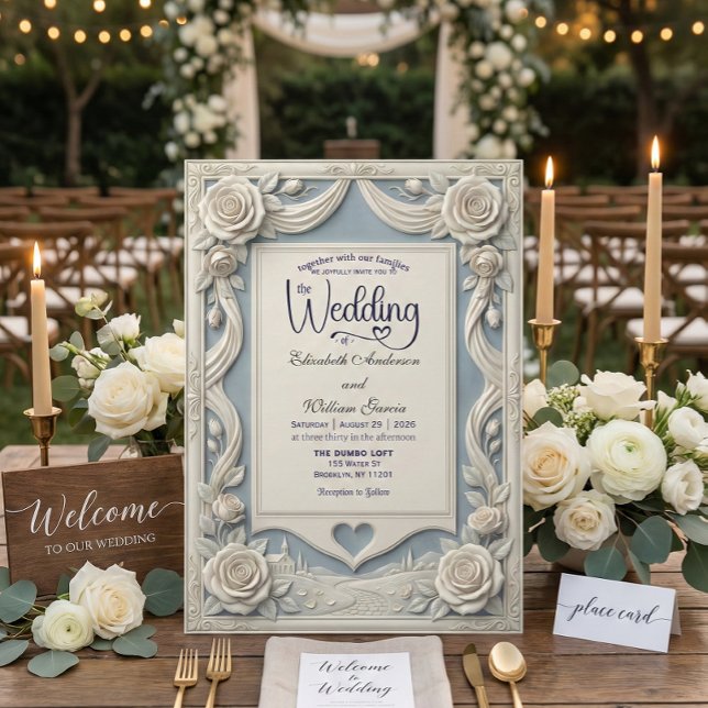 Vintage Romantic Neoclassical Blue 3D Rose  Inbjudningar (Skapare uppladdad)