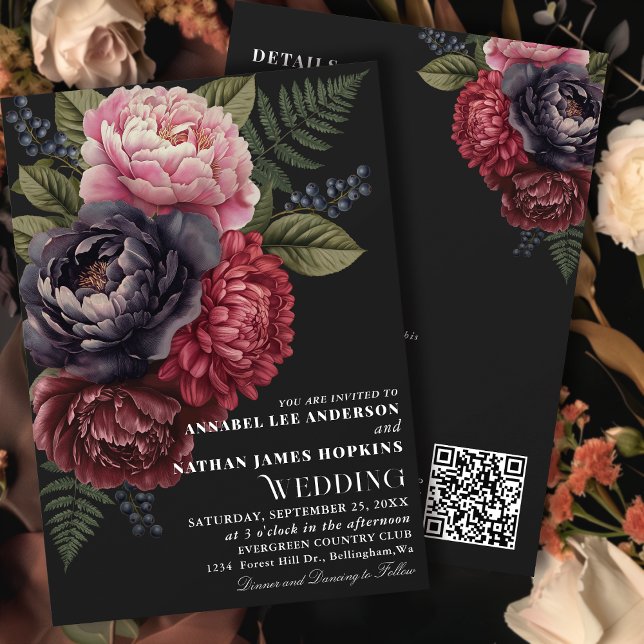 Vintage Romantic Peony Blommigt Bröllop QR-kod Inbjudningar (Skapare uppladdad)