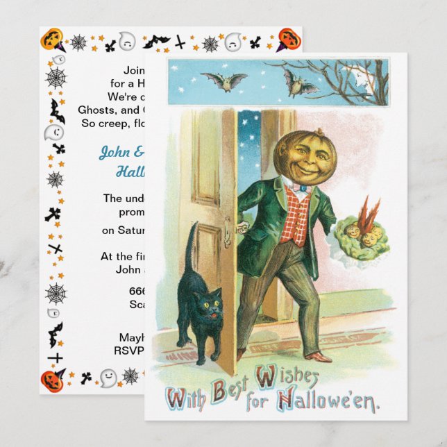 Vintage Romantic Pumpkin Head Halloween Inbjudningar (Fram/baksida)