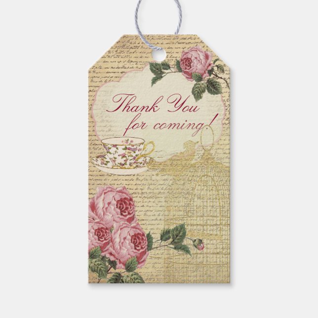 Vintage Romantic Ro Tea Kopp och fågelcage Presentetikett (Framsidan)