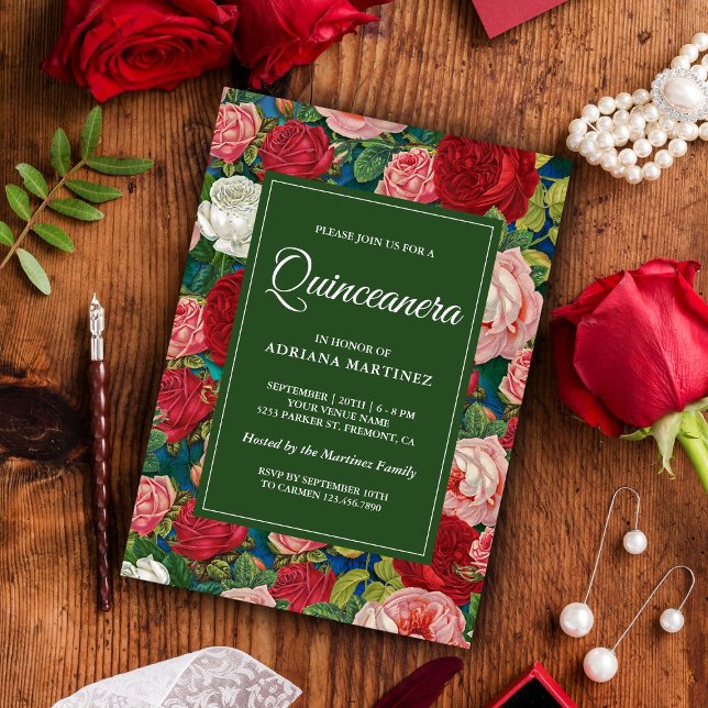 Vintage Romantic Röd ros Blommigt Quinceanera Inbjudningar (Skapare uppladdad)