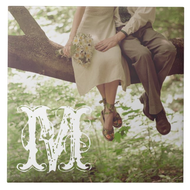 Vintage Romantik Kärlek par Monogram Visning Tile Kakelplatta (Framsidan)