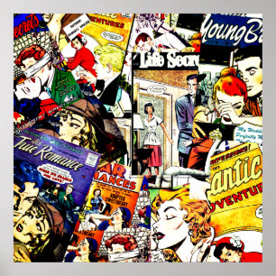 Vintage Romantik Tecknad Bok Cover Collage Poster