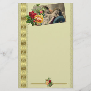 Vintage Romantik vykort och Rosor Guld Kant Brevpapper