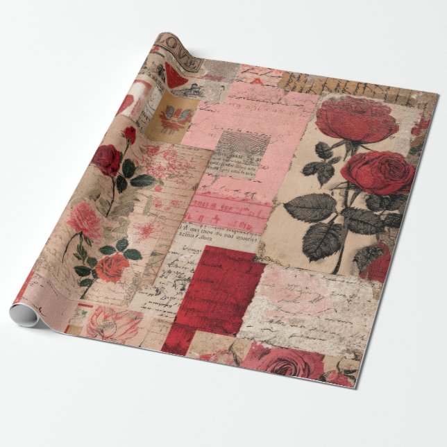 Vintage Romantisk Ros Kollage (1) Presentpapper (Utrullad)