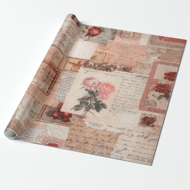Vintage Romantisk Ros Kollage (2) Presentpapper (Utrullad)
