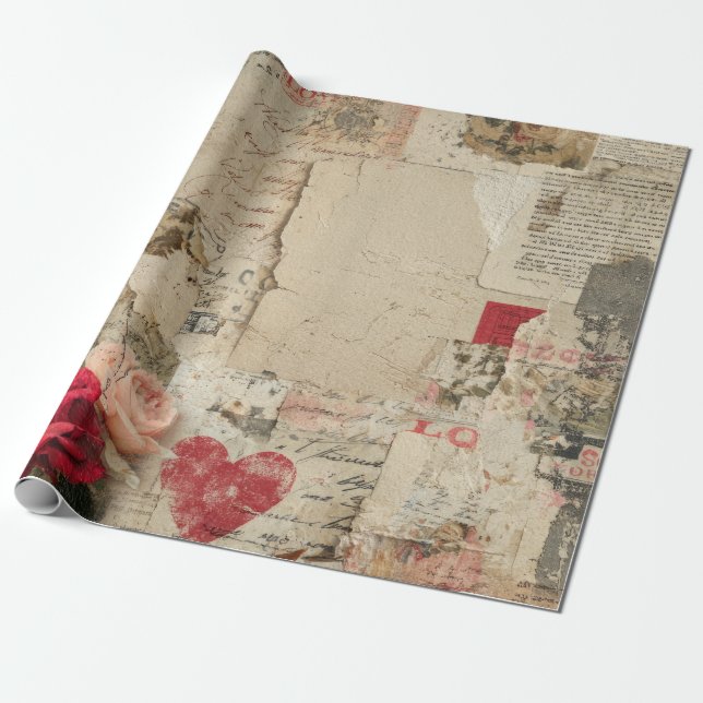 Vintage Romantisk Ros Kollage (4) Presentpapper (Utrullad)