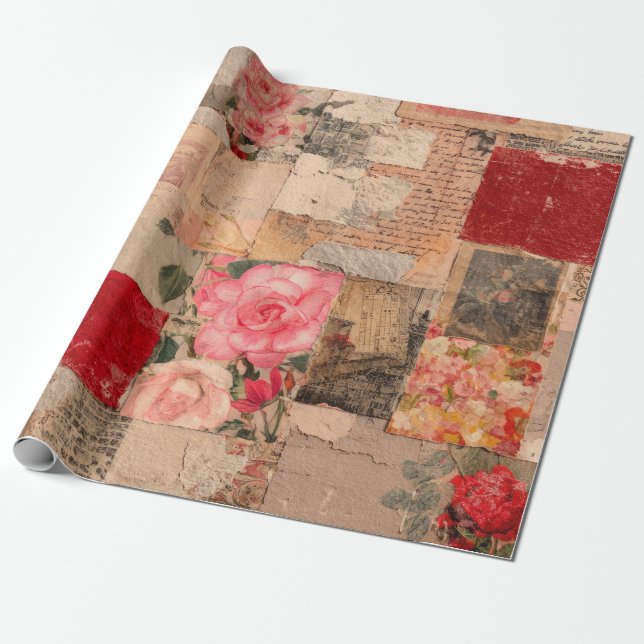 Vintage Romantisk Ros Kollage (5) Presentpapper (Utrullad)