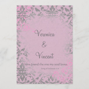 Vintage Romantisk Rosa och Grått Damask Wedding Inbjudningar