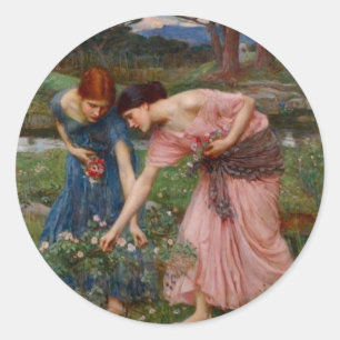 Vintage Romantisk Trädgård Kvinnor Pre-Raphaelite Runt Klistermärke