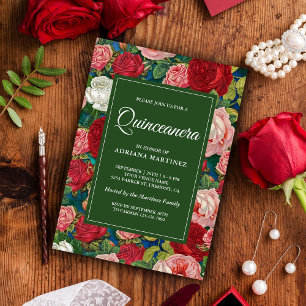 Vintage Romantiska Röda Rosor Blommig Quinceanera Inbjudningar