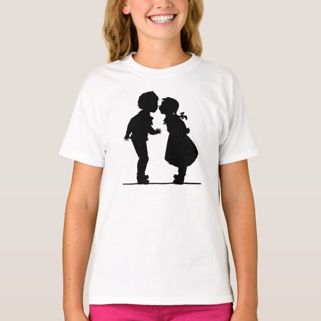 Vintage romantiskt silhuette-par pojke och flicka t-shirt (Framsida)