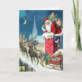 Vintage Rooftop Santa & Sleigh Christmas Helgkort