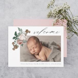 Vintage ros blommande baby fotobarn födelse meddel inbjudningar