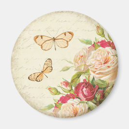 Vintage ros blommande fjäril magnet