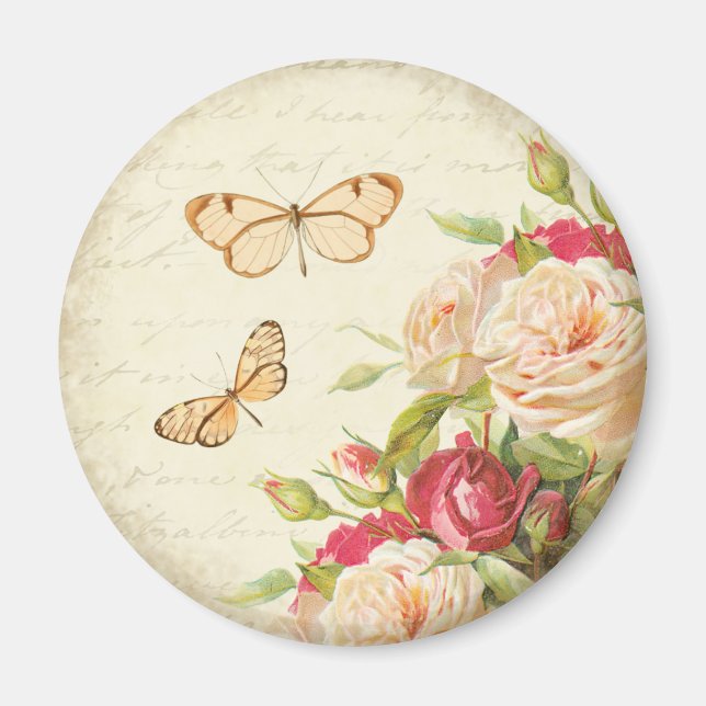 Vintage ros blommande fjäril magnet (Framsidan)