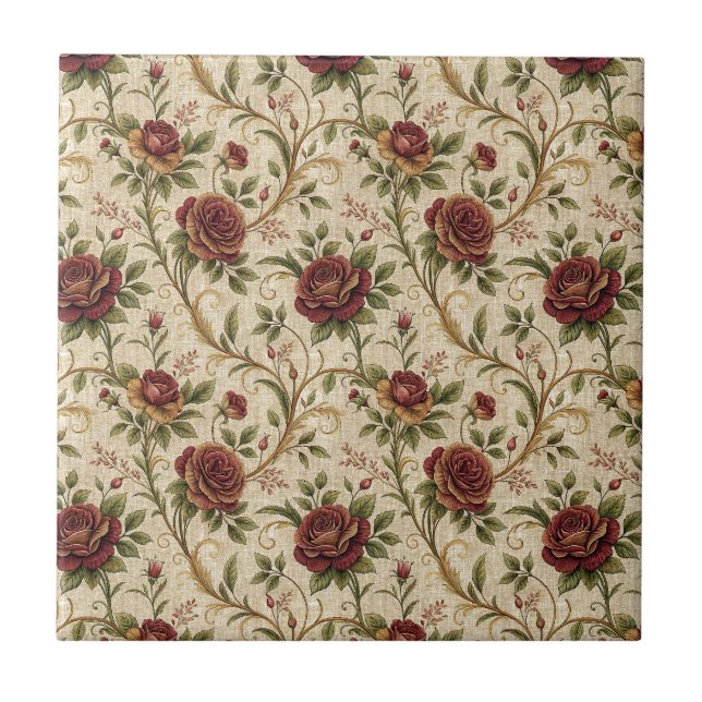 Vintage Ros Blommönster - Blomdesign Konst Kakelplatta (Framsidan)