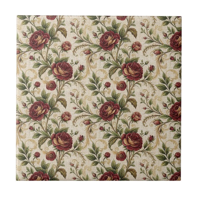 Vintage Ros Blommönster - Blommig Design Kakelplatta (Framsidan)